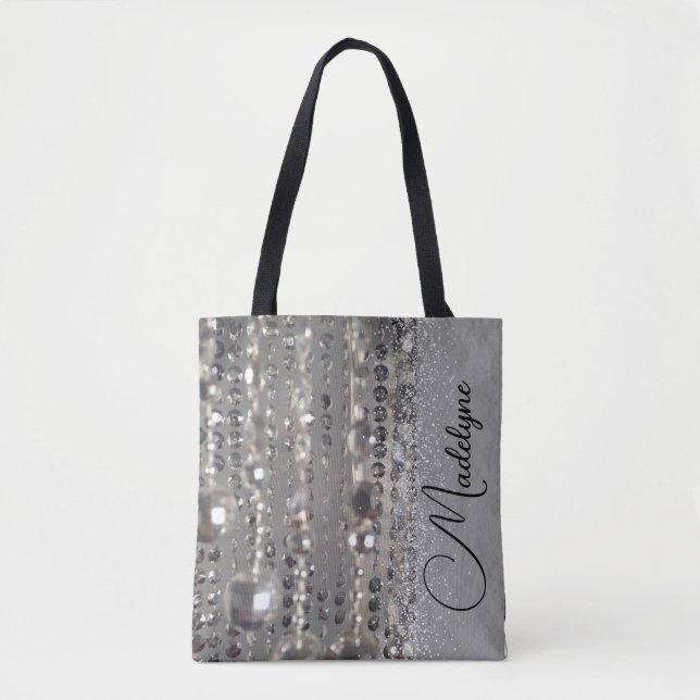 Bolsa Tote Miçangas Silver Glittery Sparkly Personalizadas (Frente)