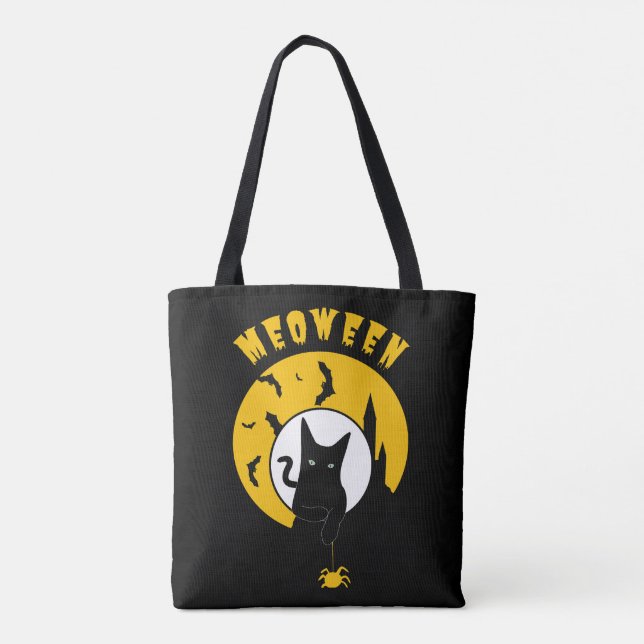 Bolsa Tote Mídia Negra-Fita-Gato Amarelo Hallowen (Verso)