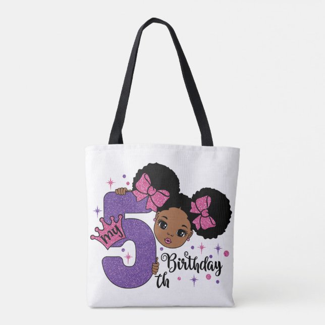 Bolsa Tote Minha 5 Birthday Black Girl Glitter Princess Desig (Verso)