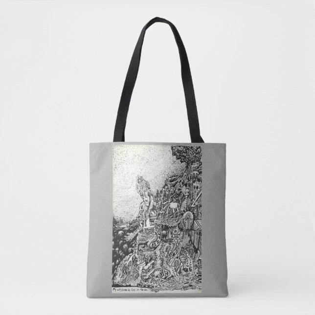 Bolsa Tote Minha cidade foi levada pelo fogo para o mar. (Frente)