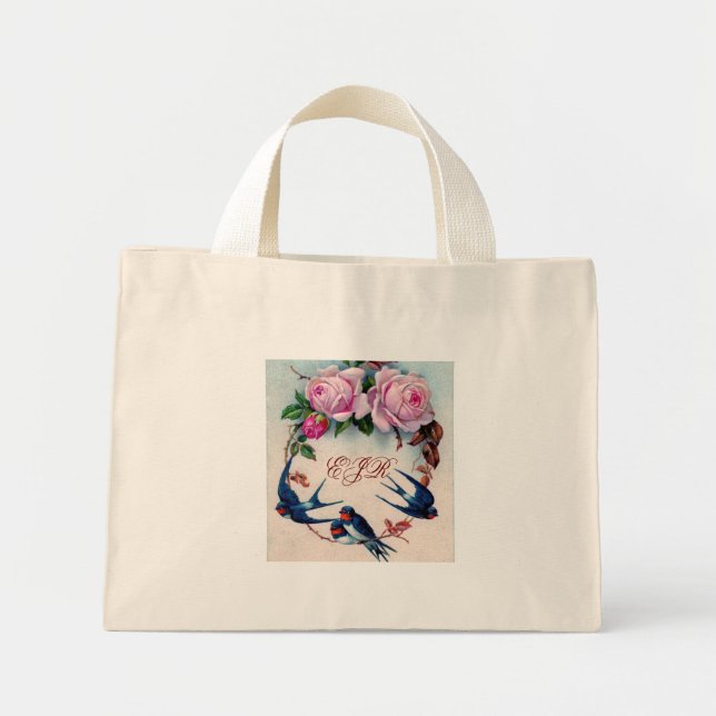 Bolsa Tote Mini andorinhas e rosas em ciano (Frente)