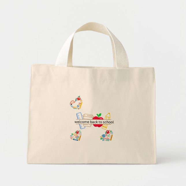 Bolsa Tote Mini Bem-vindo de Volta às Material Escolar e Ilustraçõ (Frente)