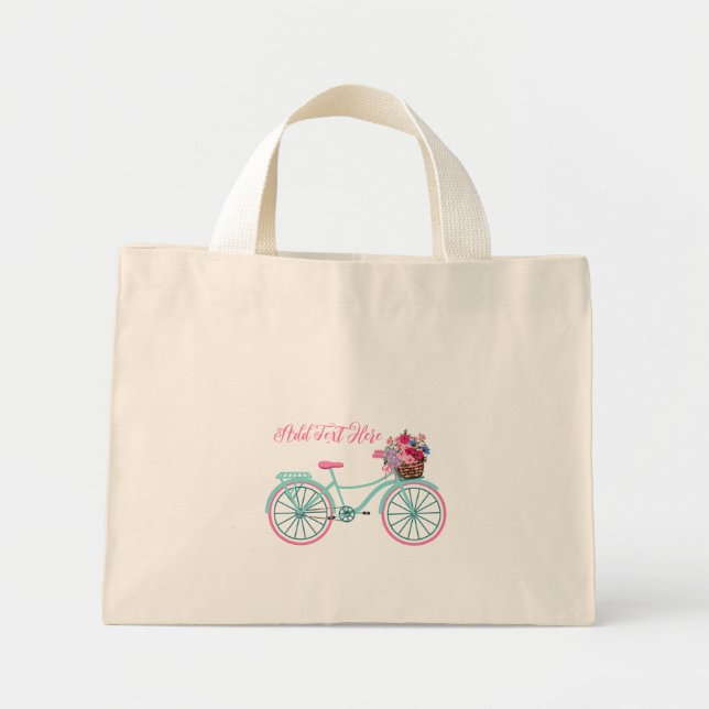 Bolsa Tote Mini Bicicleta Aqua e Rosa com Flores Personaliza (Frente)