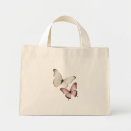 Bolsa Tote Mini Borboletas Brancas Elegantes e Rosa Bege
