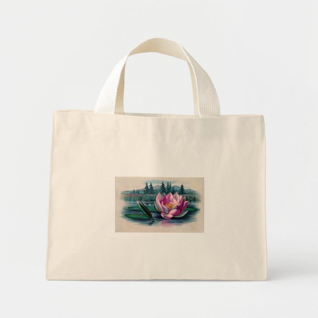 Bolsa Tote Mini Botânica da Flor de Lotus Rosa (Frente)