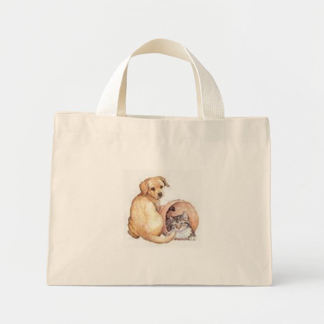 Bolsa Tote Mini cão e gato numa cesta (Frente)