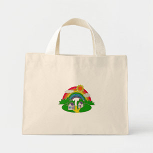 Bolsa Tote Mini Cartoon rural com arco-íris e casa de campo
