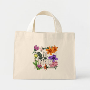 Bolsa Tote Mini Citação positiva Ser Feliz e flores de jardim