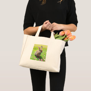 Bolsa Tote Mini Coelho bebê giro num campo de flores