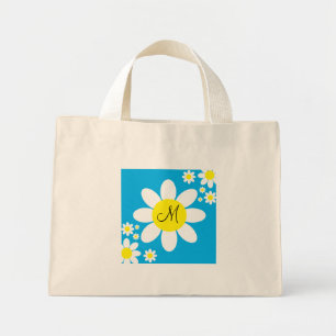 Bolsa Tote Mini Cute Blue and White Daisies  Floral Single Initial