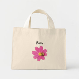 Bolsa Tote Mini Flor de Cosmos Rosa Vivo com uma Abelha Personaliz