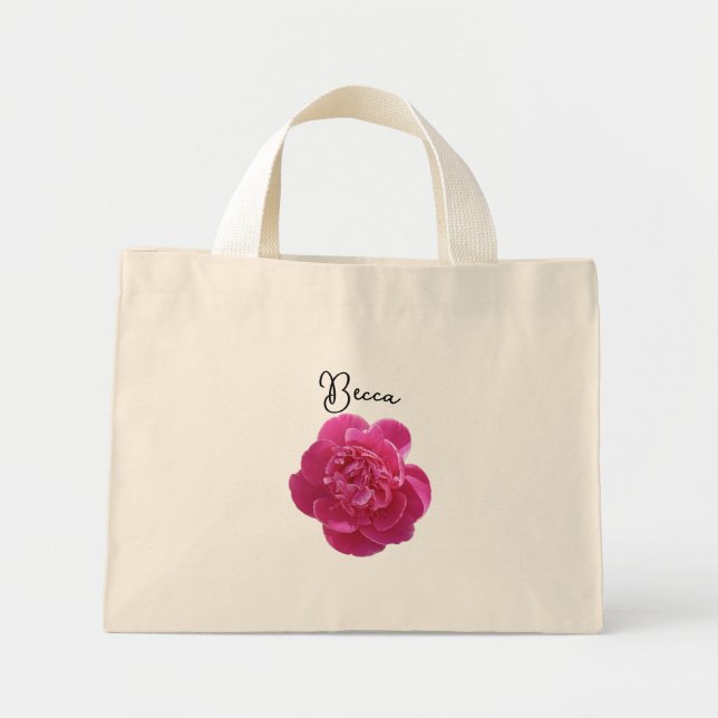 Bolsa Tote Mini Flor de Peônia Rosa Vibrante Personalizada (Frente)