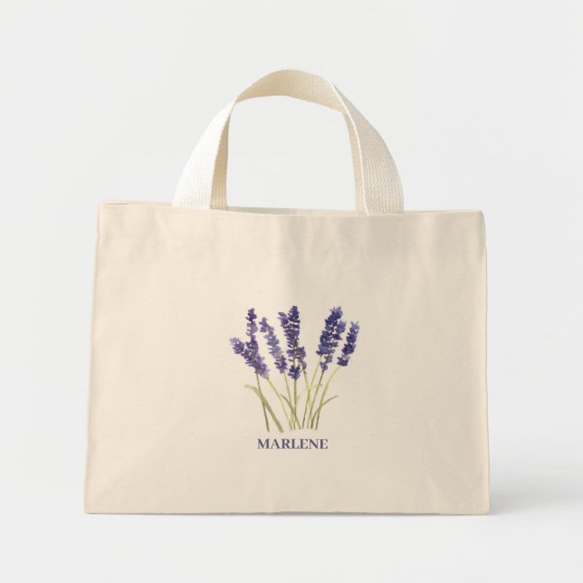 Bolsa Tote Mini Flores de Lavanda em Aquarela Flora Violeta (Frente)