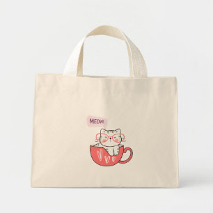 Bolsa Tote Mini gato miando numa xícara