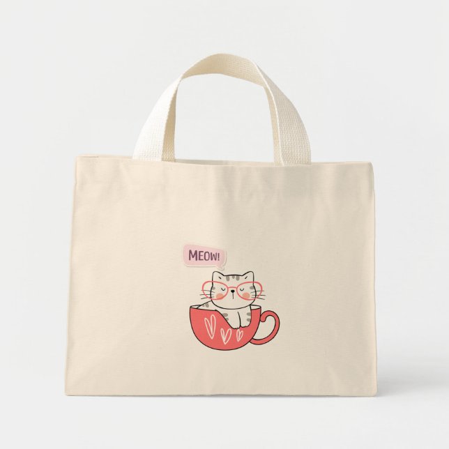 Bolsa Tote Mini gato miando numa xícara (Frente)