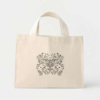 Bolsa Tote Mini Ilustração Botânica de Mariposa Luna em Preto