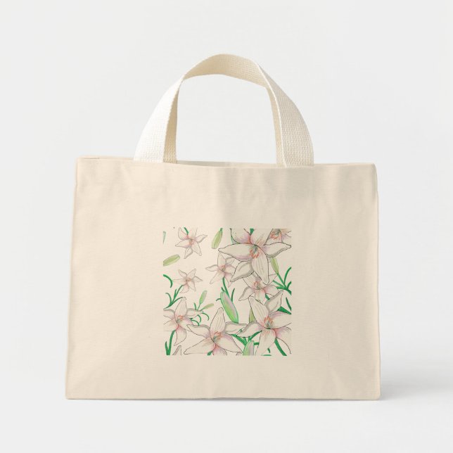 Bolsa Tote Mini Ilustração de Lírios Brancos    (Frente)
