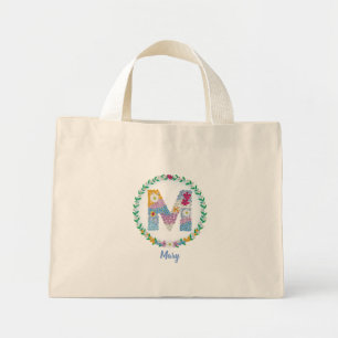 Bolsa Tote Mini Letras de Flor "M" Inicial com Nome Personalizado