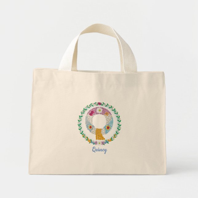 Bolsa Tote Mini Letras de Flor "Q" Inicial com Nome Personalizado (Frente)