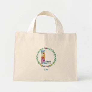 Bolsa Tote Mini Letras Flores Iniciais "L" com Nome Personalizado