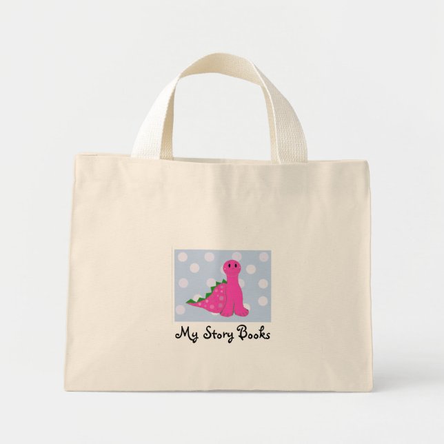 Bolsa Tote Mini Mala de Livros Dinossauro Rosa (Frente)