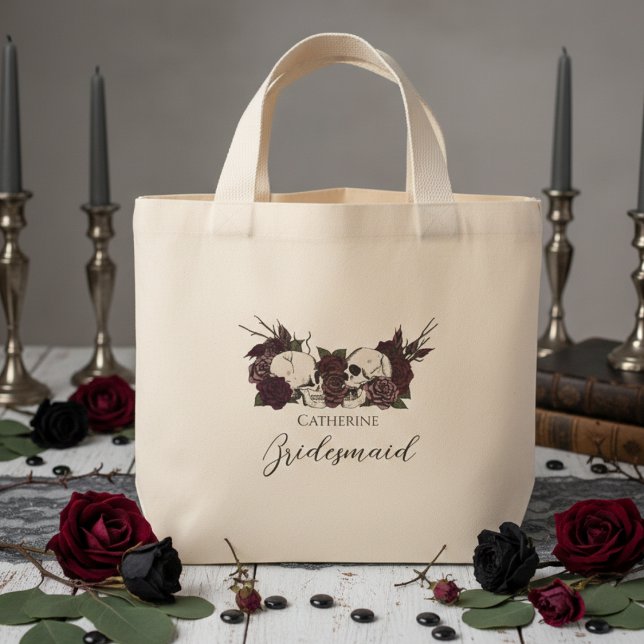 Bolsa Tote Mini Noiva Demônio Caveira e Rosa Dama de Honra (Elegant Gothic Wedding Tote Bags. Dark Floral Skulls with Burgundy and Mauve Roses for Bridesmaid)