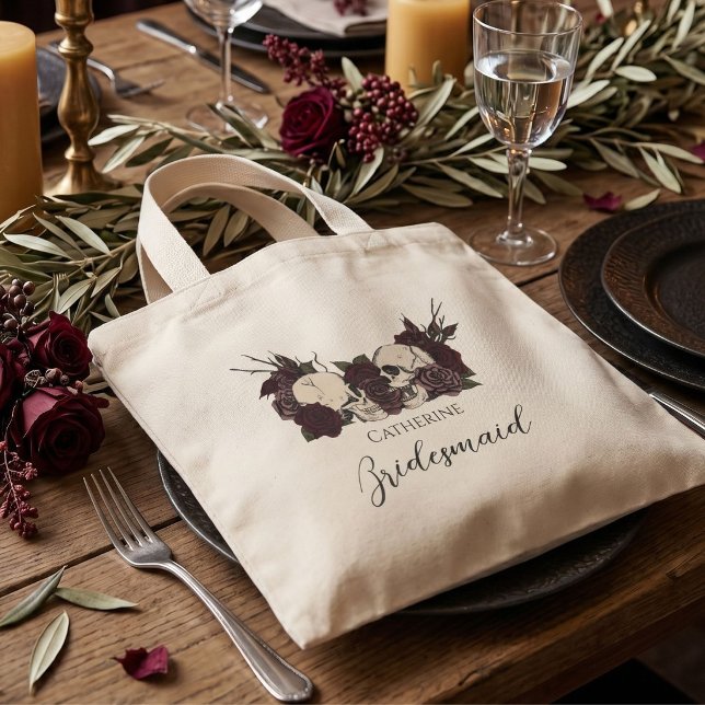 Bolsa Tote Mini Noiva Gothic Skull & Rose Damas de Honra (Moody soft gothic bridesmaid tote features hand-drawn skulls and roses for a dark romantic aesthetic)