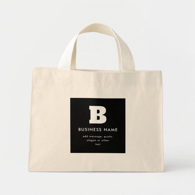 Bolsa Tote Mini Nome comercial e slogan editáveis | Preto e Branco (Frente)