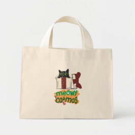 Bolsa Tote Mini Papais noeis pretos Gato enredado em luzes de árvo