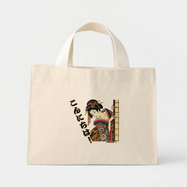 Bolsa Tote Mini Peeking Ukiyo-e geisha - Konnichiwa! (Frente)