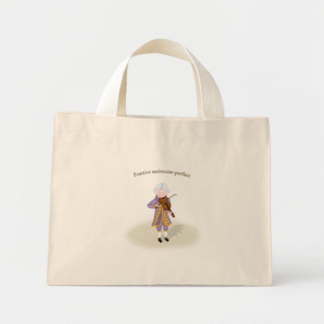 Bolsa Tote Mini "Prática Mantém Perfeito" Mozart Tocando Violino (Frente)