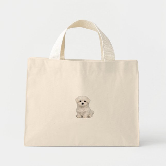 Bolsa Tote Mini Retrato de Cachorrinho Branco e Fofinho da Raça Ma (Frente)