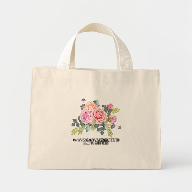 Bolsa Tote Mini Rosas Florais Personalizadas Substituir Slogan Tra (Frente)