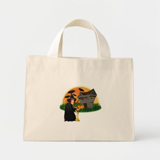 Bolsa Tote Mini Saco de Halloween de bruxa e assombrada (Frente)