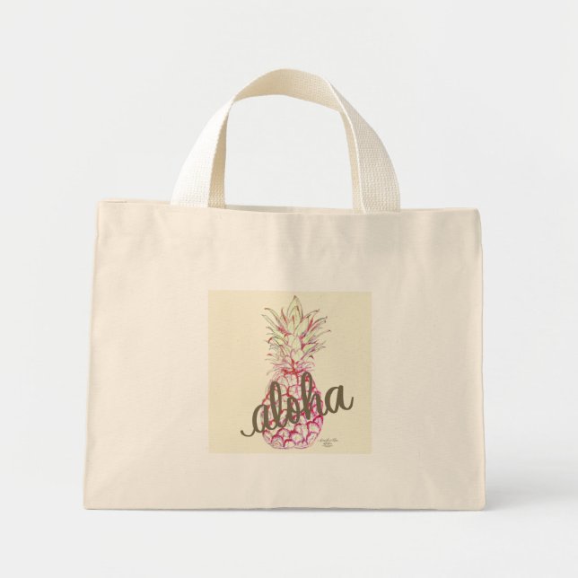 Bolsa Tote Mini Saco de mão pequeno de abacaxi aloha rosa (Frente)