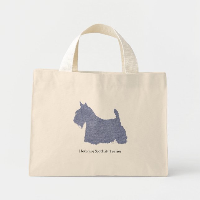 Bolsa Tote Mini Silhueta de Terrier Escocês em Jeans (Frente)
