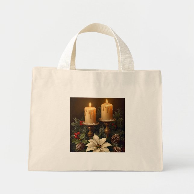 Bolsa Tote Mini Vela elegante azevinho pinheiro quente natal rústi (Frente)