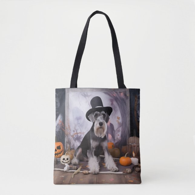 Bolsa Tote Miniatura Schnauzer Pumpkins Halloween Assustado (Frente)