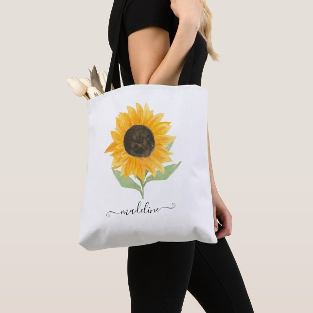 Bolsa Tote Minimal Rustic Sunflower Personalized Name Script (Close Up)