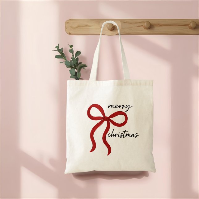 Bolsa Tote Minimalist Merry Christmas Red Bow  (Criador carregado)