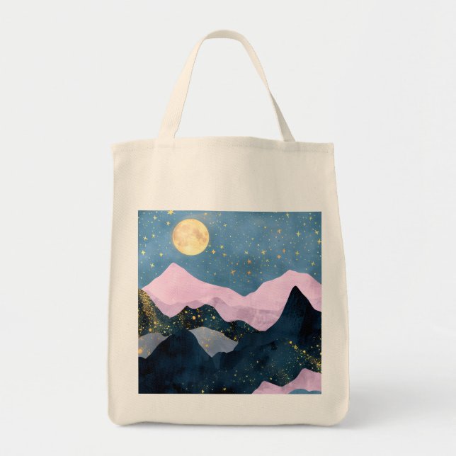 Bolsa Tote Minimalista Lua Estrelas Montanha Vale Celestial (Frente)
