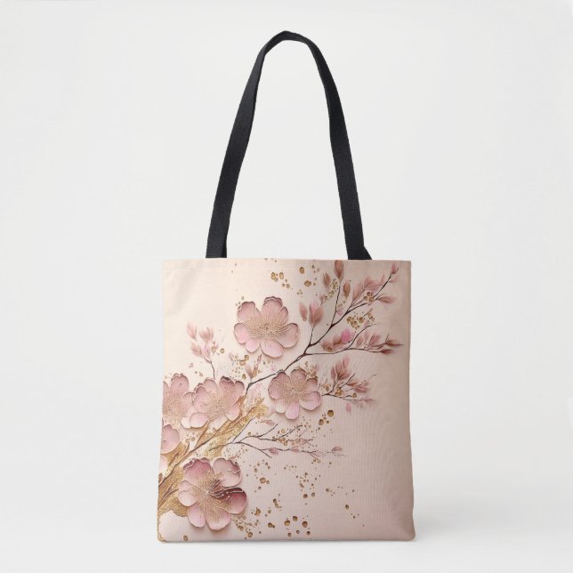 Bolsa Tote Mínimo Elegante Floral Rosa e Dourado (Frente)