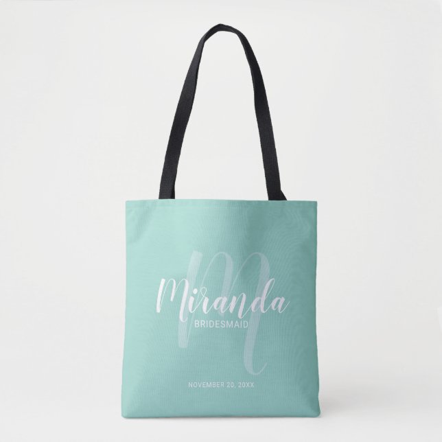 Bolsa Tote Mint Green Modern Script Personalizado Bridesmaids (Frente)