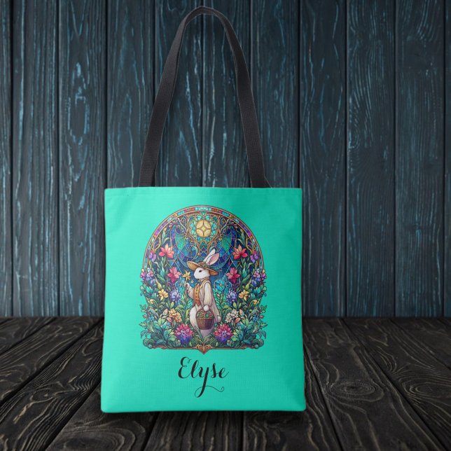 Bolsa Tote Mint Green Whimical Stain Glass Bunny (Criador carregado)