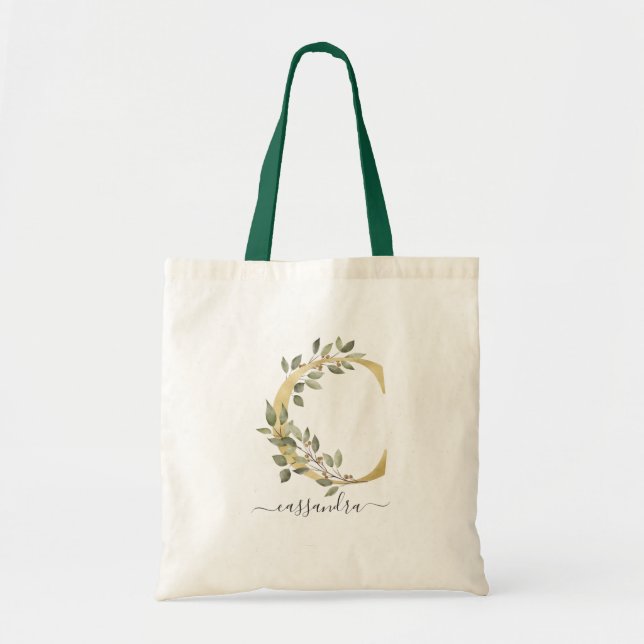 Bolsa Tote Minúscula Verde Orgânico Dourado Monograma - Letra (Frente)