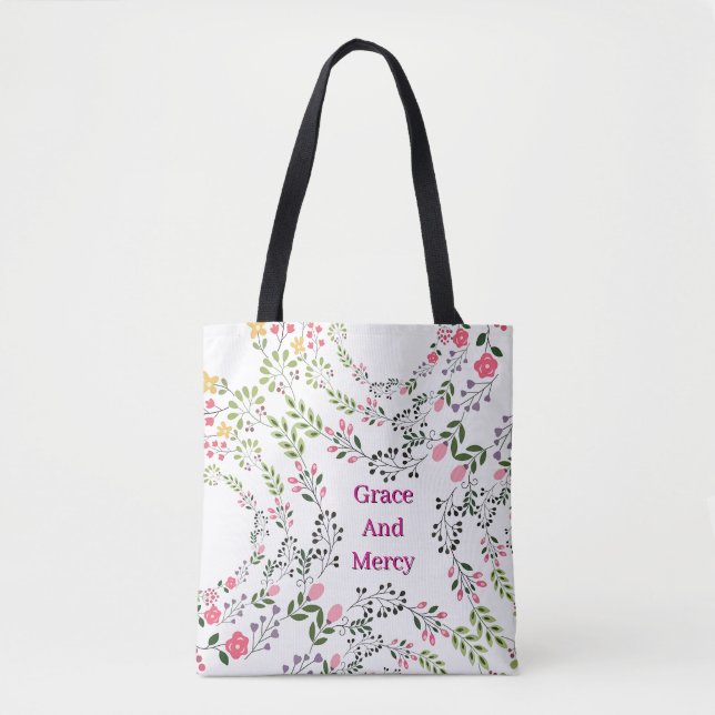 Bolsa Tote Misericórdia e Graça Floral Branco (Frente)