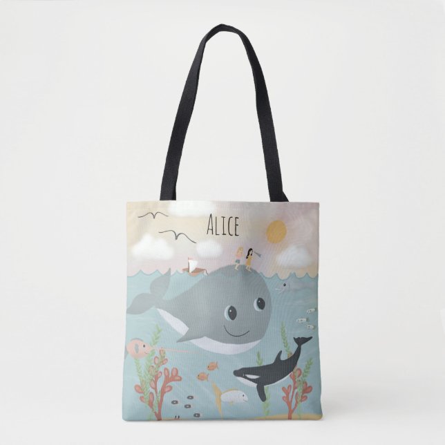 Bolsa Tote Miúdas de Baleia Cura e Oceânica Whimsical (Frente)