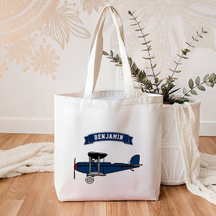 Bolsa Tote Miúdos retros azuis do avião do vintage