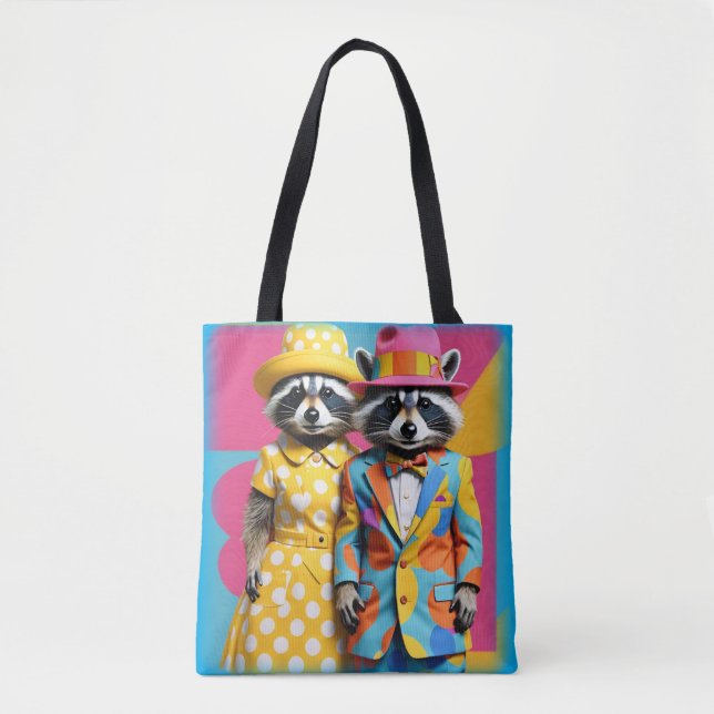 Bolsa Tote Mod raccoons coloridos de 1960 (Frente)
