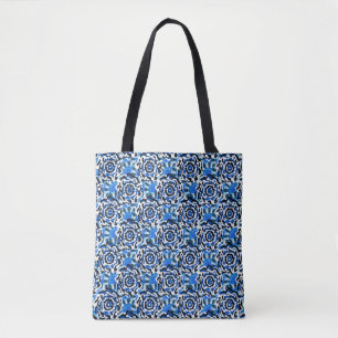 Bolsa Tote Moda abstrato floral, azul, preta e bege t